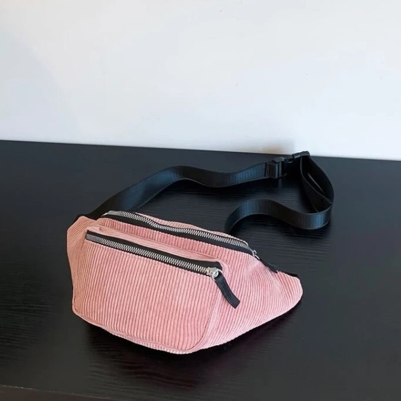 💙 Women's Pink Double Zip Front Pockets Corduroy Adjustable Strap Fanny Pack - Picture 3 of 8